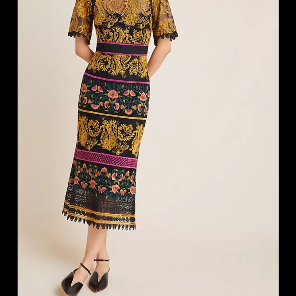 Anthropologie Elegant Black and Gold Lace dress
